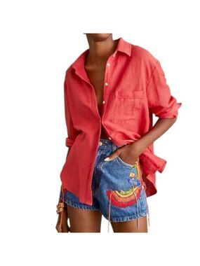 Anthropologie Maeve Bennett linen blend watermelon red button down long sleeve M
